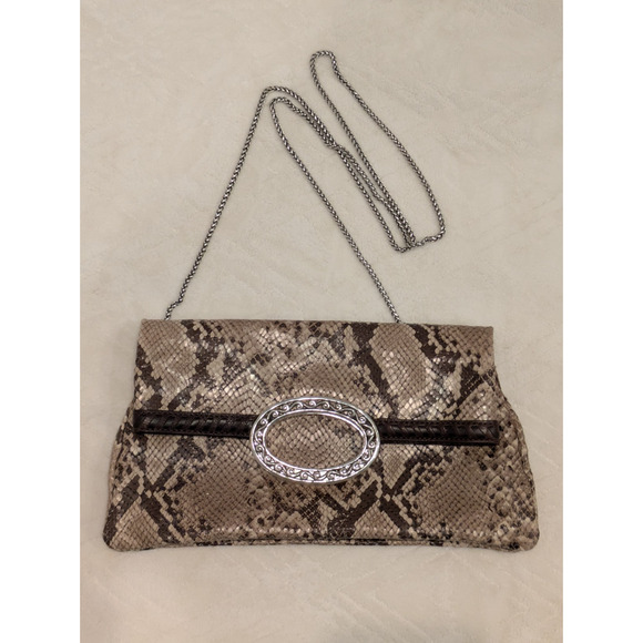 VTG Brighton Snakeskin Leather Fold-over Clutch Bag Purse Silver Chunky Clasp - Picture 3 of 12